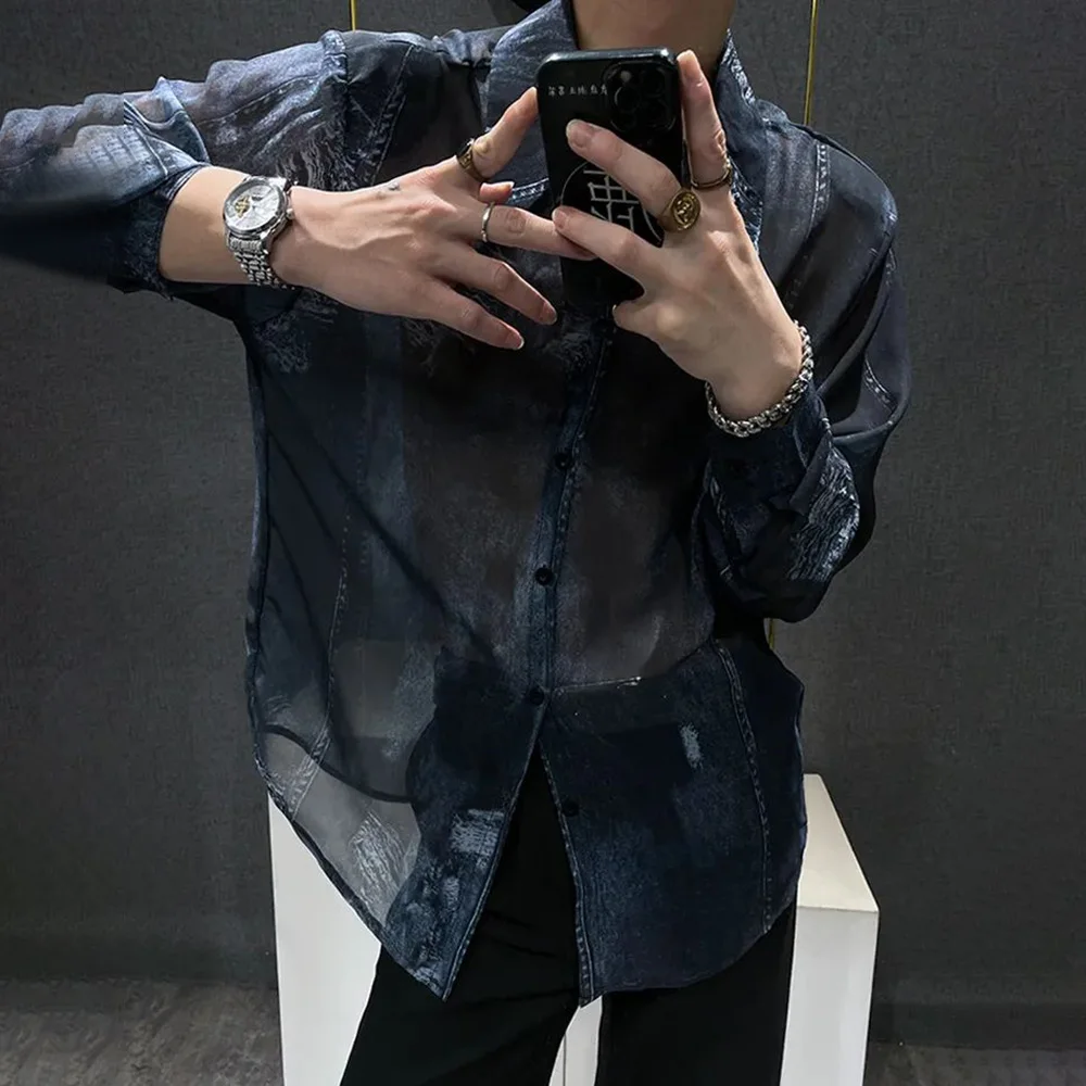 Mens Snake Patterned Mesh Hollow Semi Transparent Long Sleeved Shirt Summer Sun Protection Casual Breathable Top Men\'s Clothing