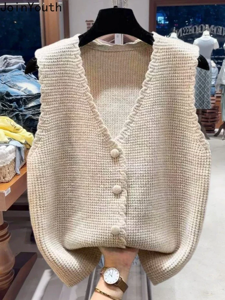 Knitted Sweater Vest Women Clothing V-neck Sleeveless Waistcoat 2024 Chalecos Para Mujer Solid Color Loose Chic Tanks Tops 7o943