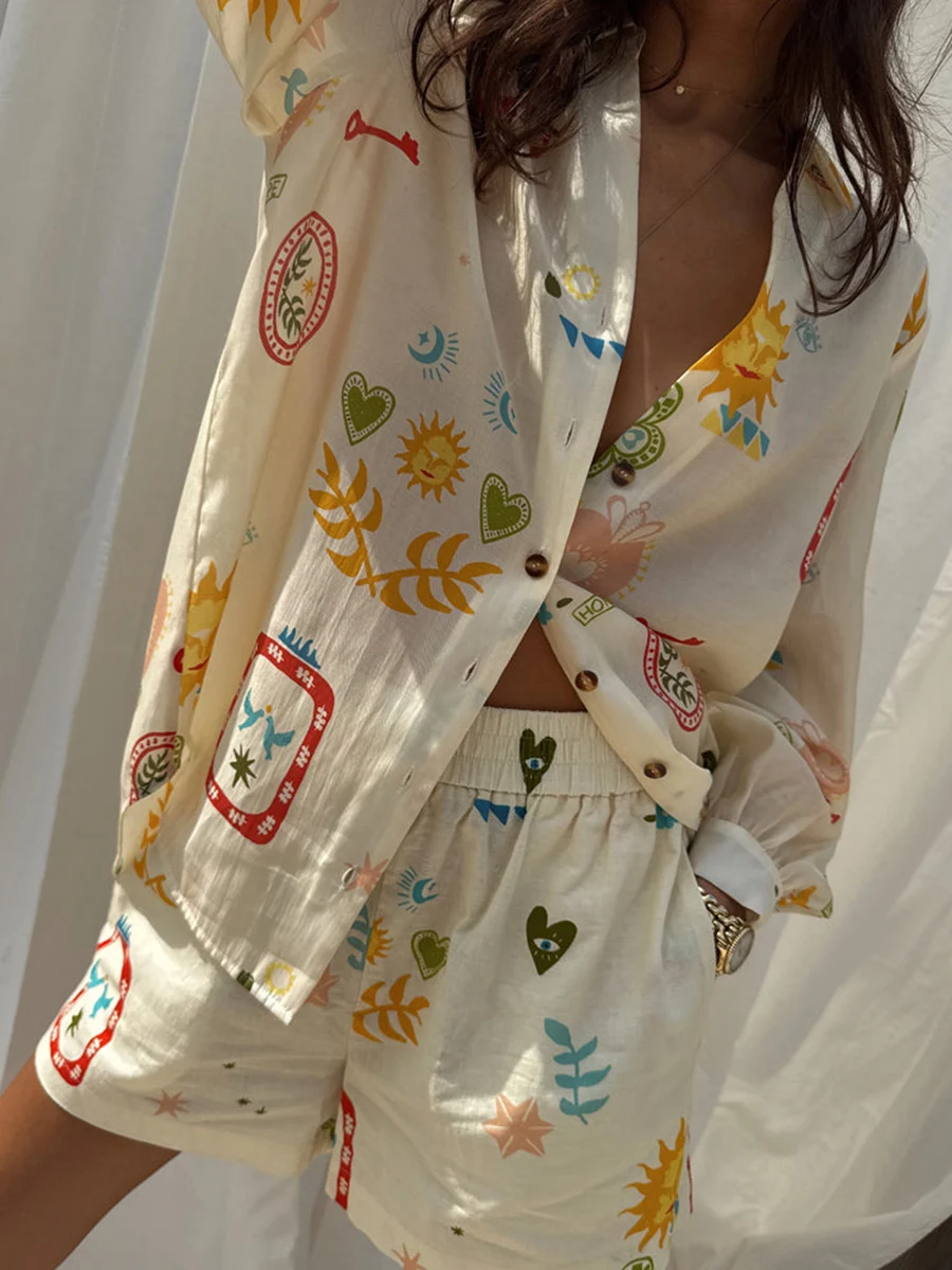 

Summer Long Sleeve V Neck Pattern Print Button Up Tops Wide Leg Shorts Sets Women 2 Piece Club Outfits