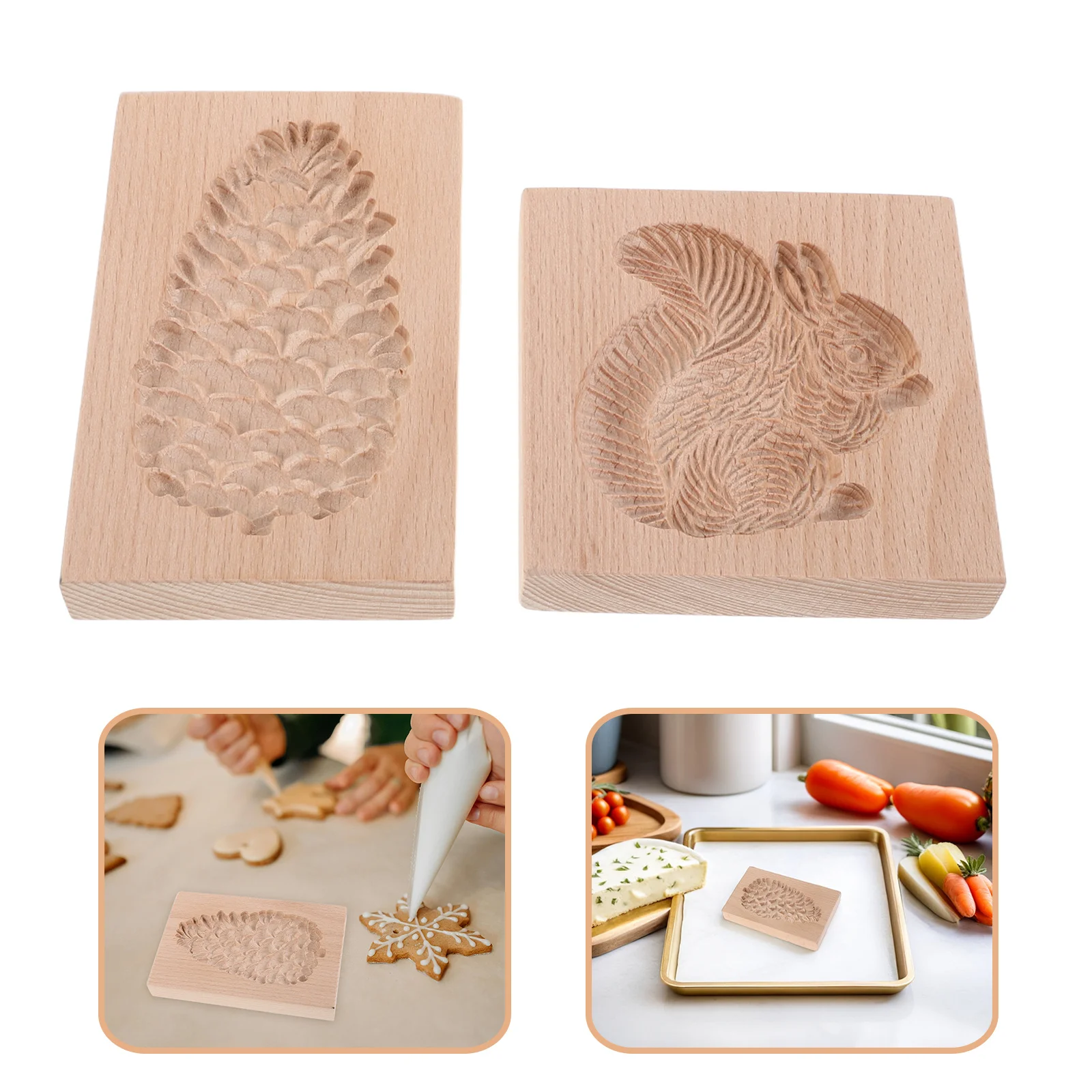 

2pcs Wooden Cookie Embossing Mold 3D Squirrel Pinecone Biscuit Carved Molds For Christmas Thanksgiving Holiday Baking Tools
