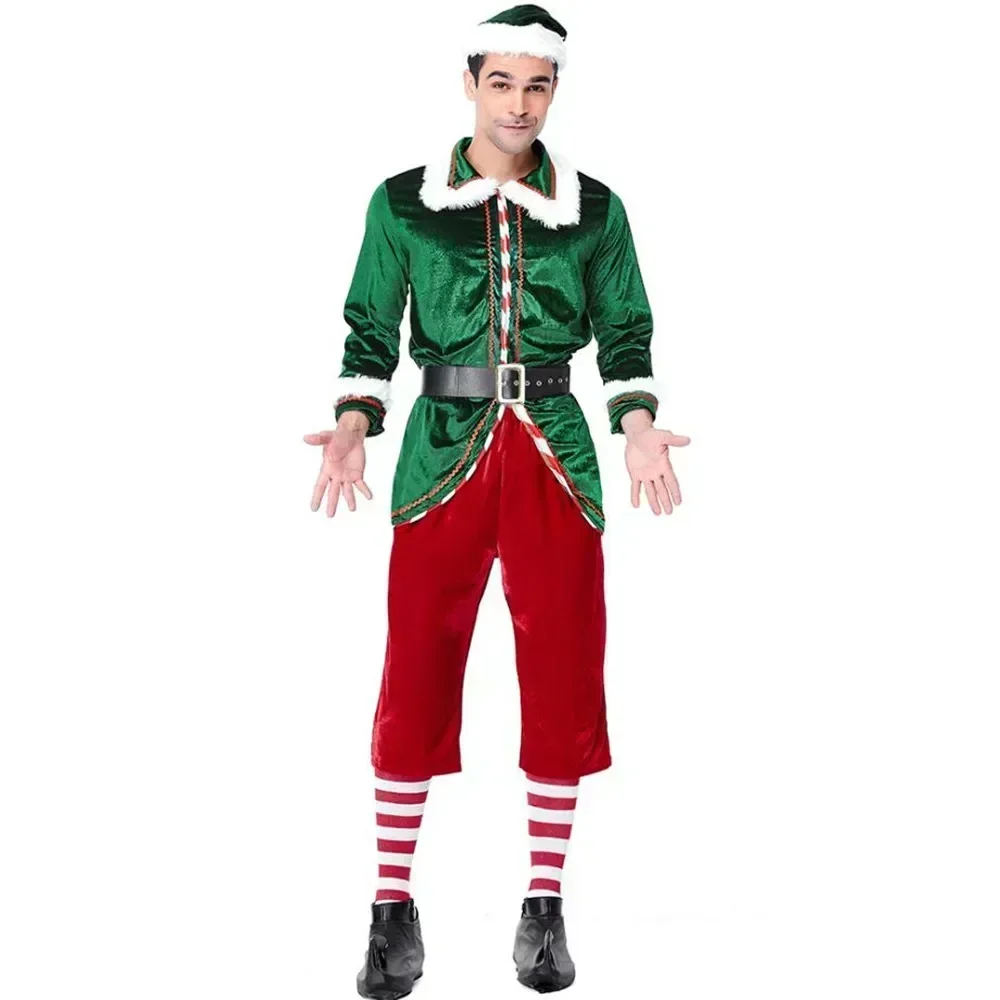 Christmas Santa Claus Costume Green Elf Cosplay Carnival Party New Year Fancy Dress Set  For Men Women Xmas Clothing