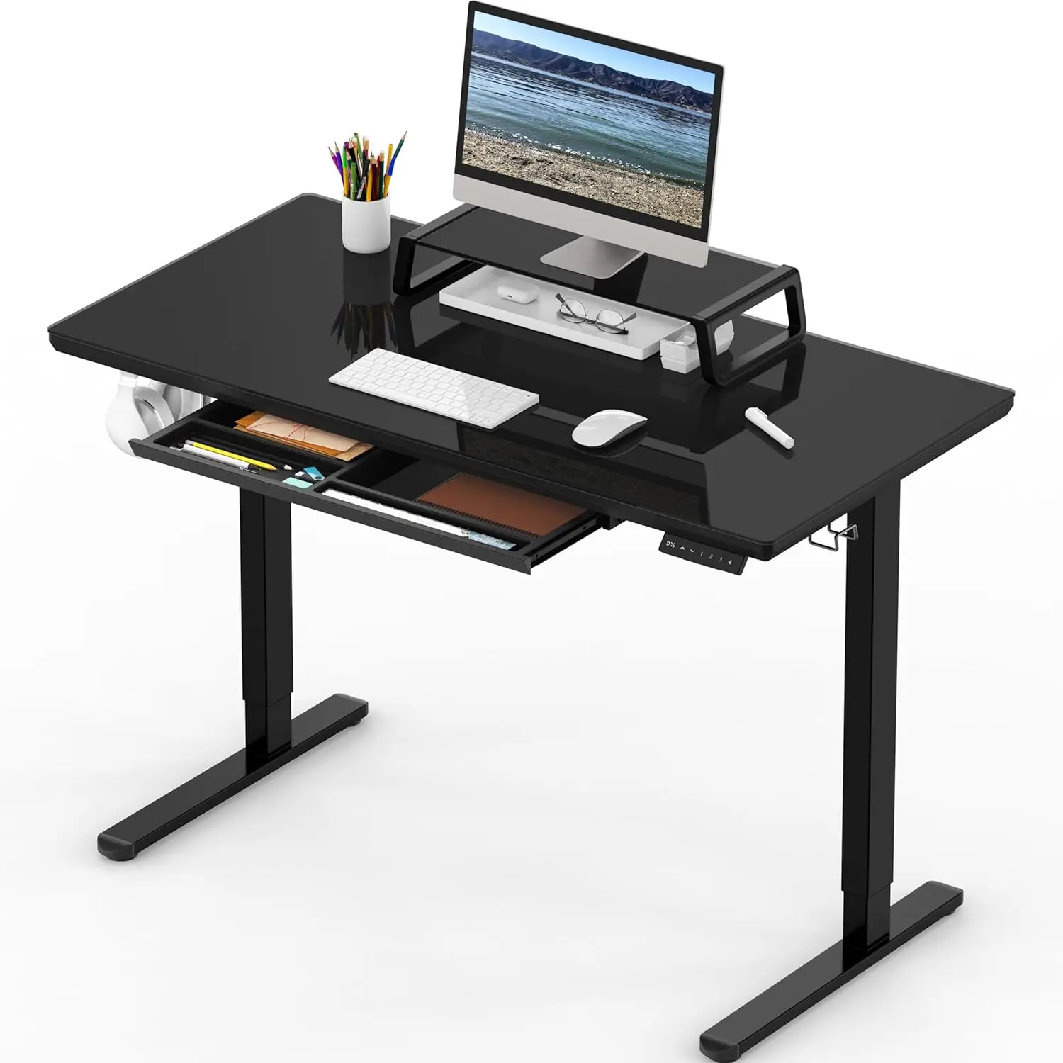 

48-Inch Whole-Piece Glass Electric Height Adjustable Desk | Monitor Riser and Drawer Included