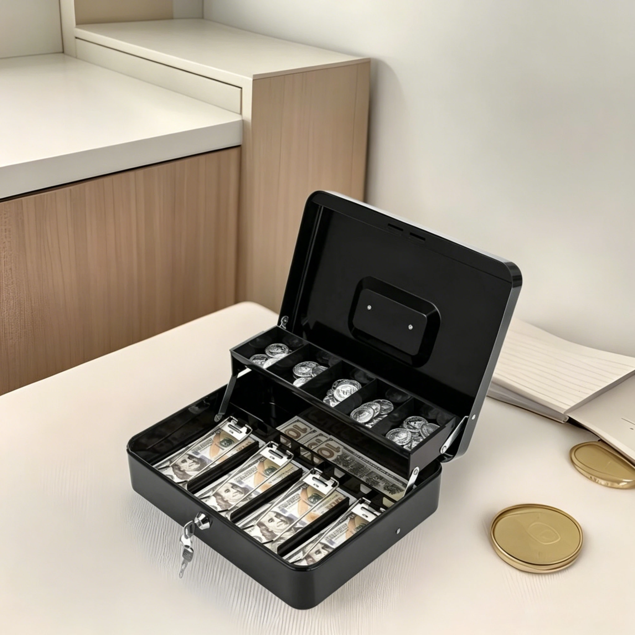 Coffre-fort portable verrouillable pour espèces, conception antivol robuste, organisateur multi-compartiments pour le stockage de billets, de bijoux et de documents en commerce de détail