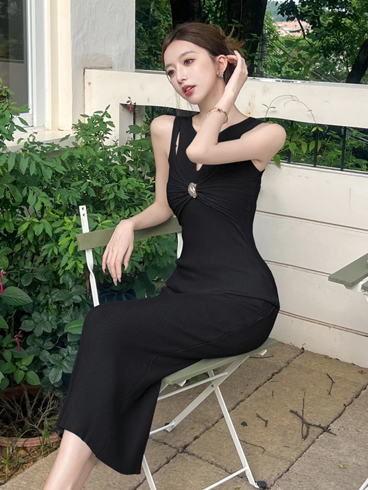 Seksowna sukienka na ramiączkach z kokardą, damska odzież uliczna, sweter, swobodna dzianinowa sukienka z wycięciami, obcisła, długa sukienka bodycon, elegancka sukienka damska, modne vestidos.