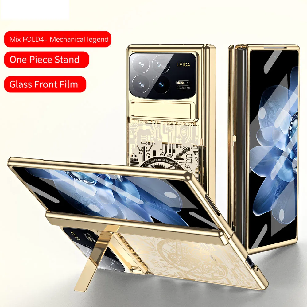 Fashion Mechanical Gear Electroplated Hard PC Back Cover Case for Xiaomi Mix Fold 4 3 with Glass Screen Film Phone Stand