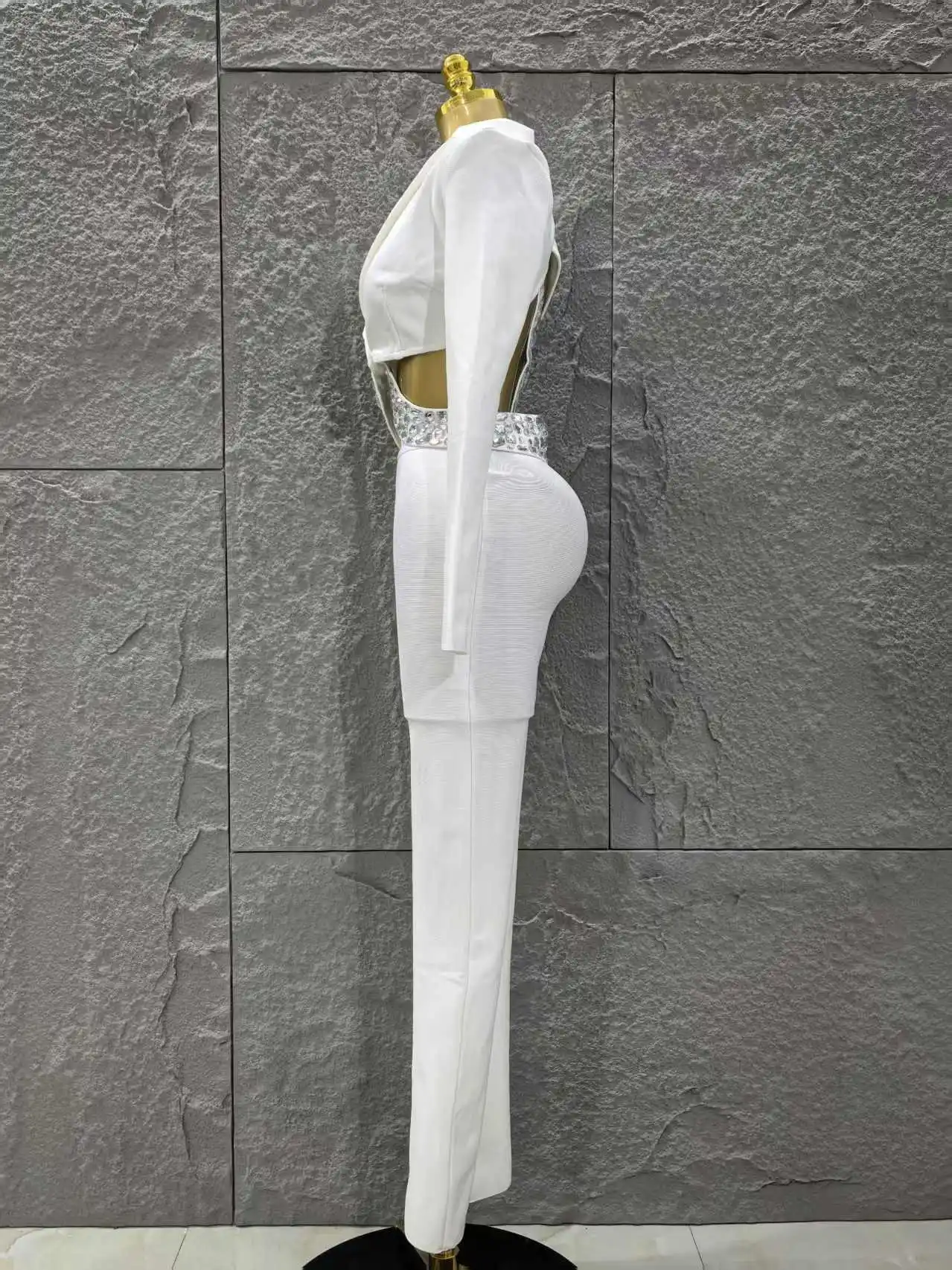 Glamour noir blanc femmes à manches longues Sexy col en v brillant cristal 2 pièces moulante ensemble de pansement célébrer soirée