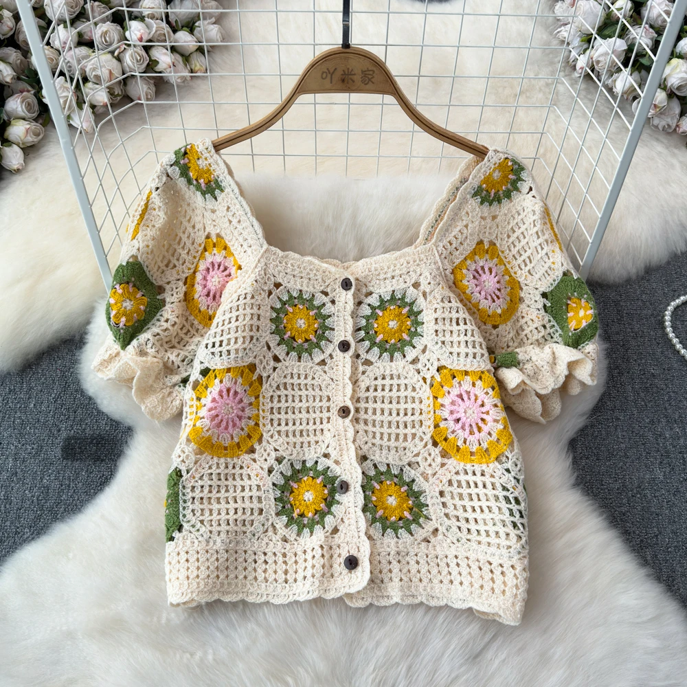 Square Neck Button-up Crochet Top Short Sleeve Granny Square Open-knit Blouse Crop Cardigan for Women Teengirl Fairycore Outfit