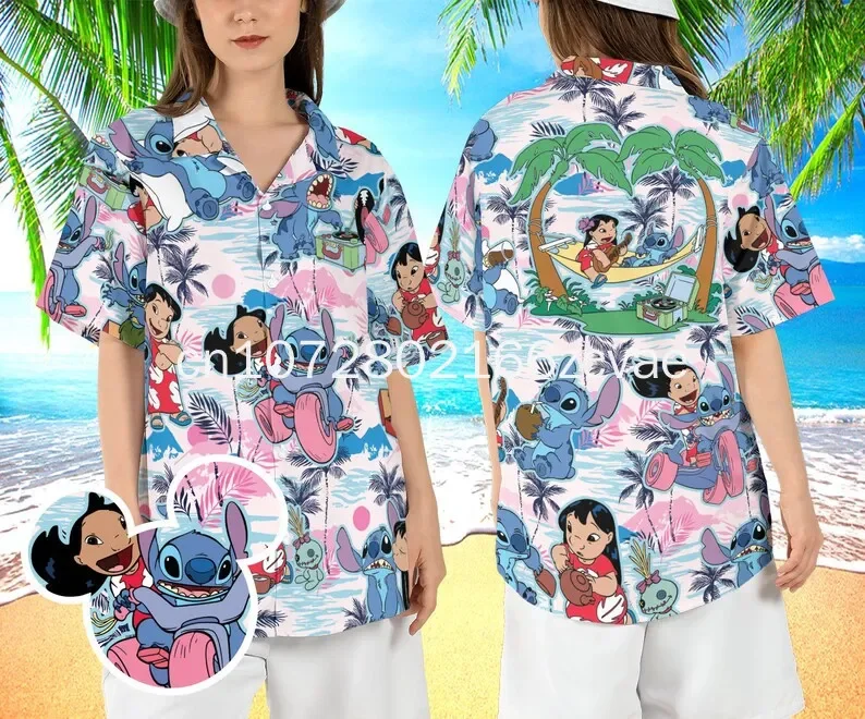 2024 New Disney Stitch Vacation Hawaiian Shirt Men And Women Button Up Hawaiian Shirt Fashion Beach Short Sleeve Shirt