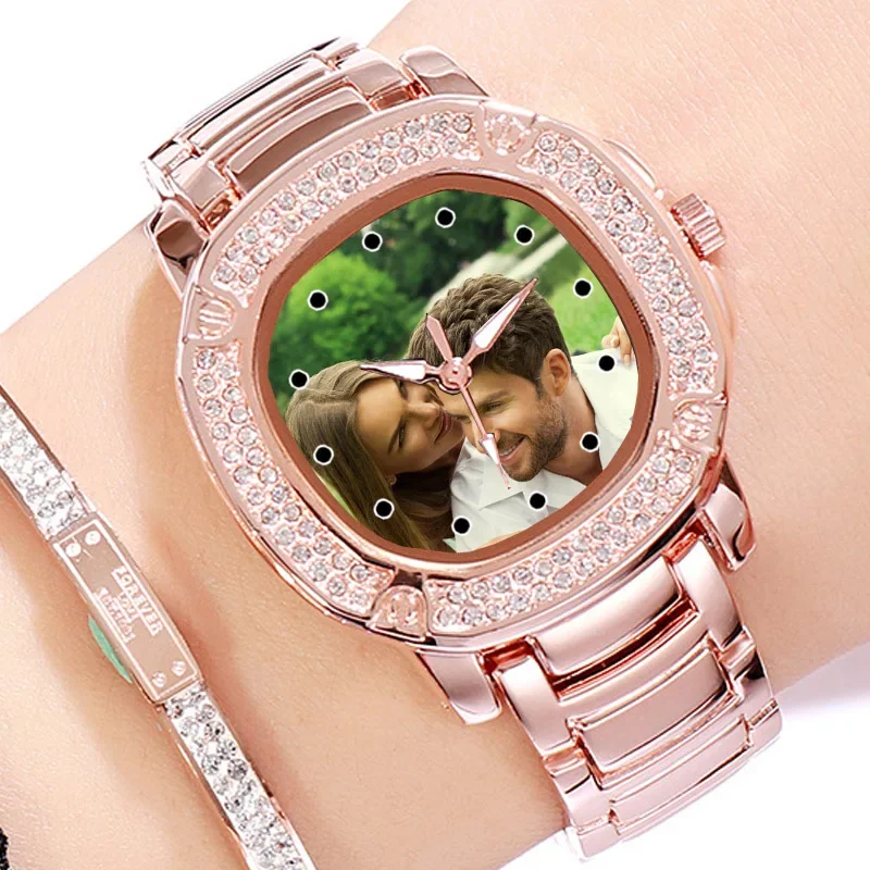 Gold Farbe Strass Uhr Frauen benutzer definierte Foto Armbanduhr Druck Bild personal isierte Uhr anpassen Uhr DIY Geschenk für Mädchen