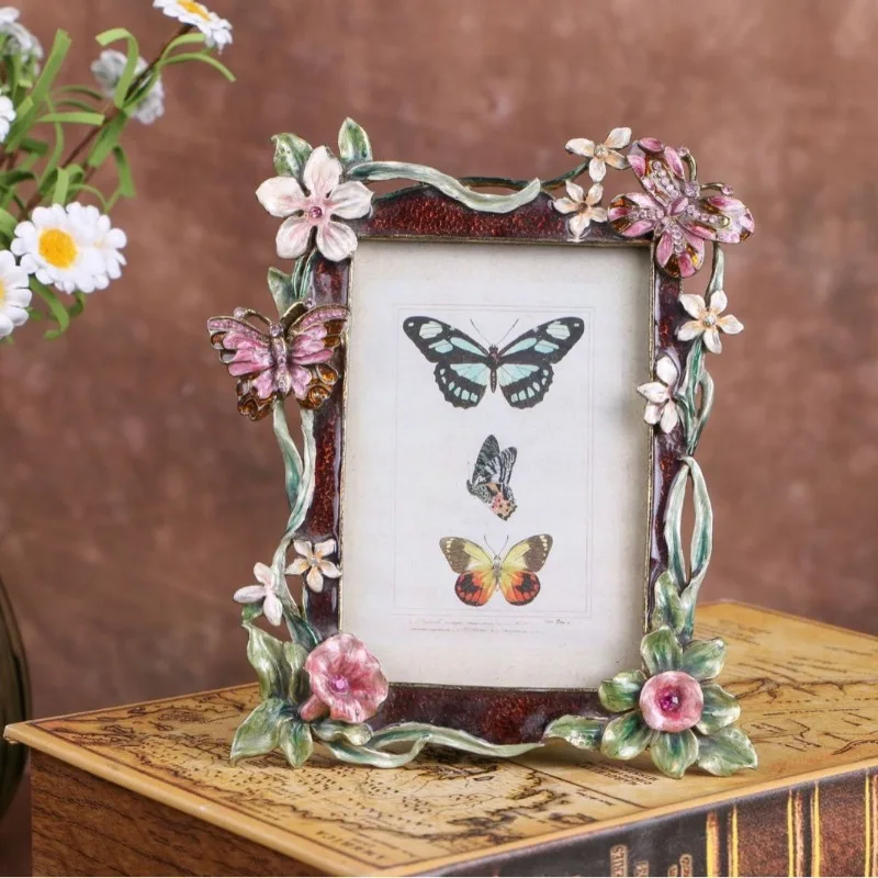 Vintage Enamel Metal 4x6 Inch Picture Frame,Butterfly Hummingbird Floral Branch Tabletop Photo Frame, Desktop Decor Wedding Gift