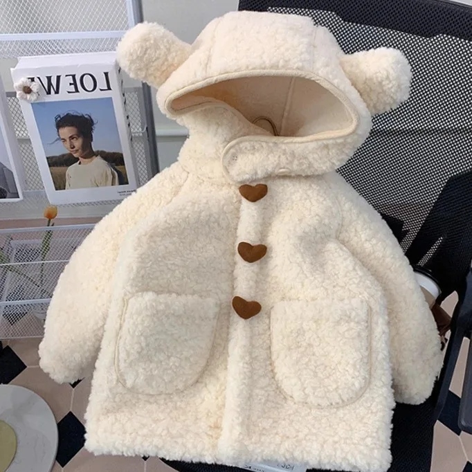 

2025 зимняя шерстяная куртка для маленьких девочек с капюшоном, утепленное однотонное теплое пальто для маленьких девочек, универсальная детская верхняя одежда для маленьких девочек, пальто