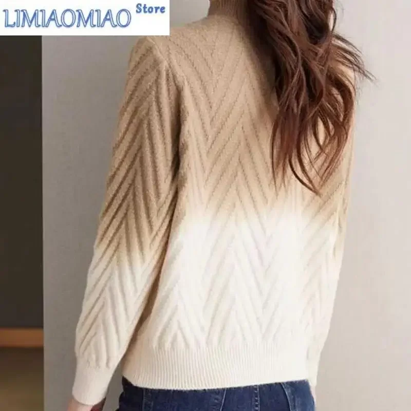 High Street Long Sleeve Sweater Knitted Pullover Autumn Winter Contrast Color Round Neck Women's Clothing Flattering Tops