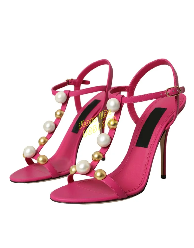 

Pink Embellished Ankle Buckle Sandals High Heeled T Strap Open Toe Fashion 2024 Handmade Pearls Decor Fashion Sandals