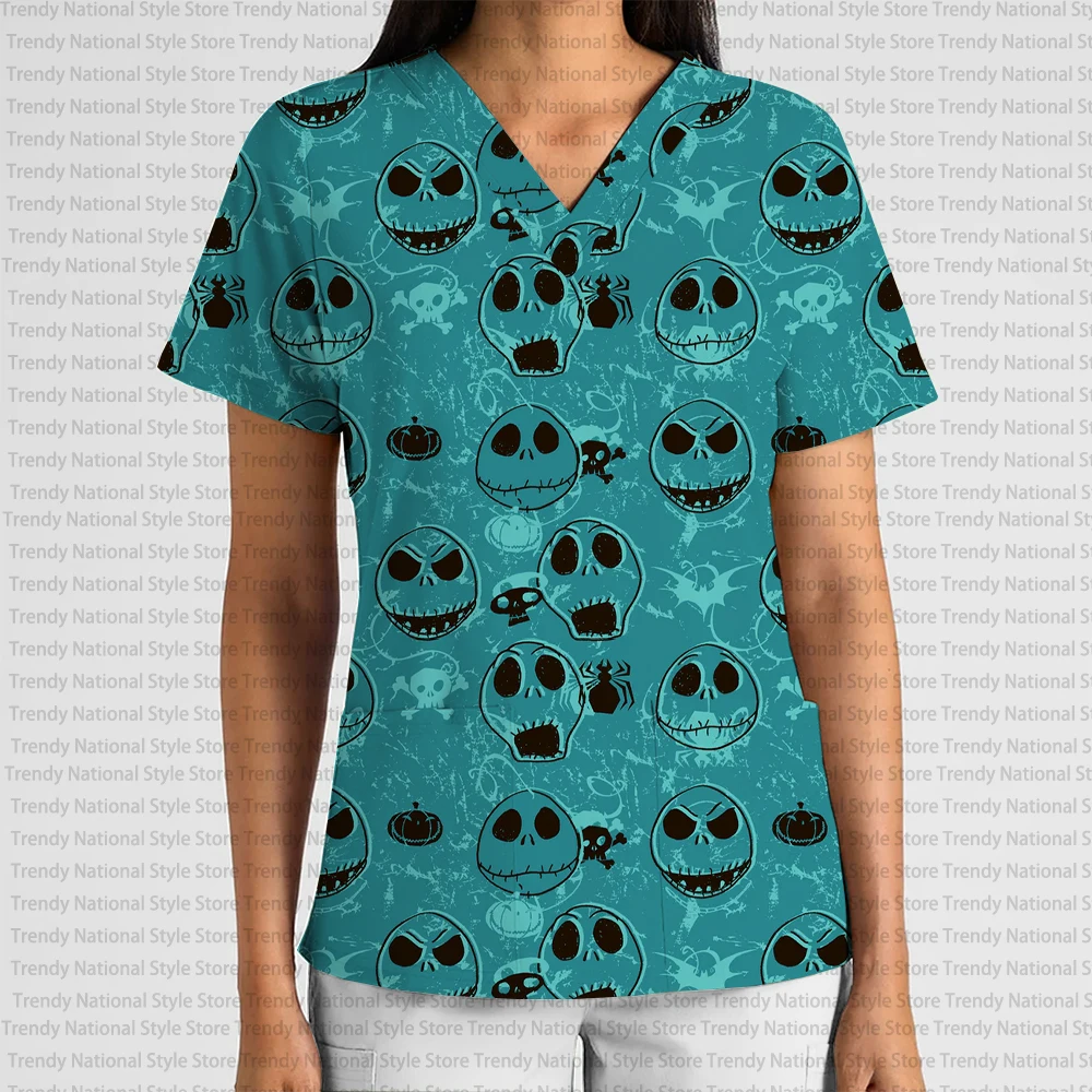 Women's V-Neck Scrub Top Hospital Uniform The Nightmare Before Christmas Jack and Sally Print Nursing Clothes Pet Shop T-shirt