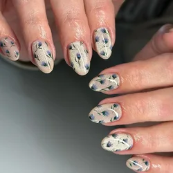 24Pcs Short Fake Nail Almond False Nail Cat's Eye Flower Design Decor White Press on Nails Wearable Oval Full Cover Nails Tips