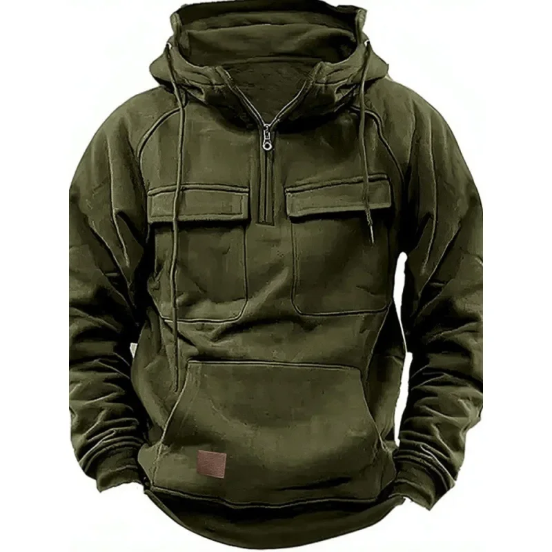 Half Zipper Men\'s Tactical Hoodies Solid Warm Fleece Military Sweatshirts Multi Pockets Male Hooded Jackets Thick Outdoor Polar