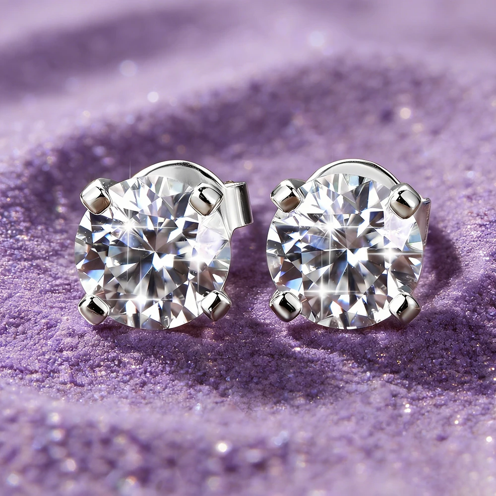 IOGOU 6.5mm 1CT Round D VVS1 Moissanite Classic Stud Earrings 4 Claws Push Back Gold Filled Piercing Ear Earrings for Women Men