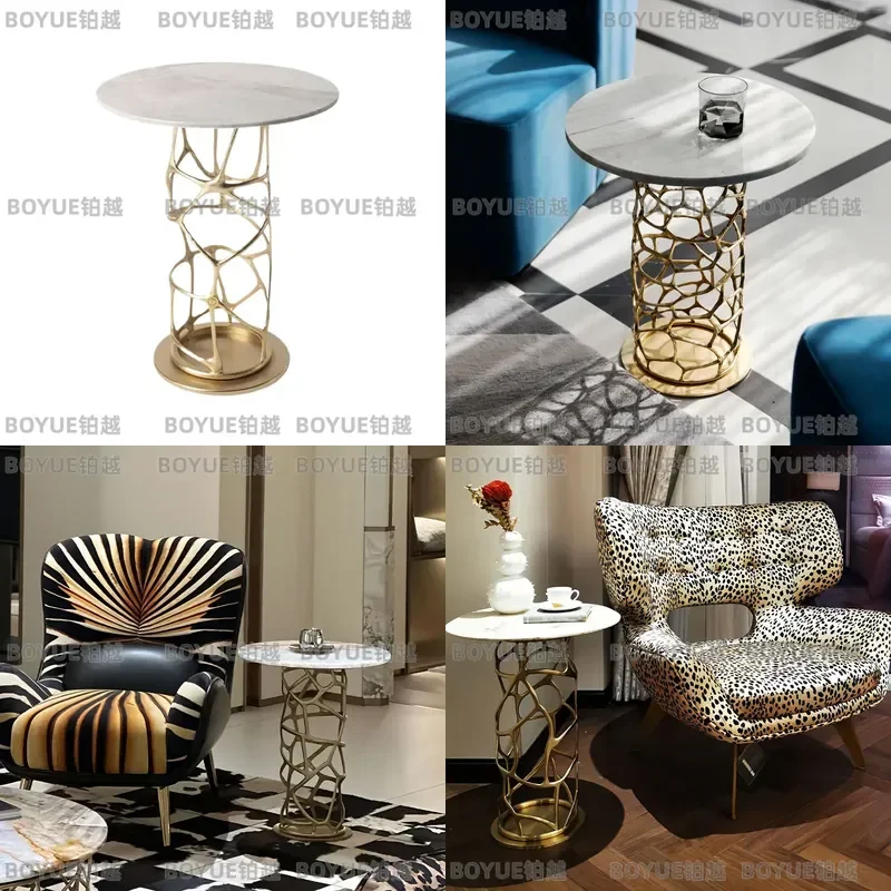 Luxury Pure Copper Marble Edge Round Glass Coffee Table Modern High End Living Room Home Sofa Side Negotiation Centerpiece