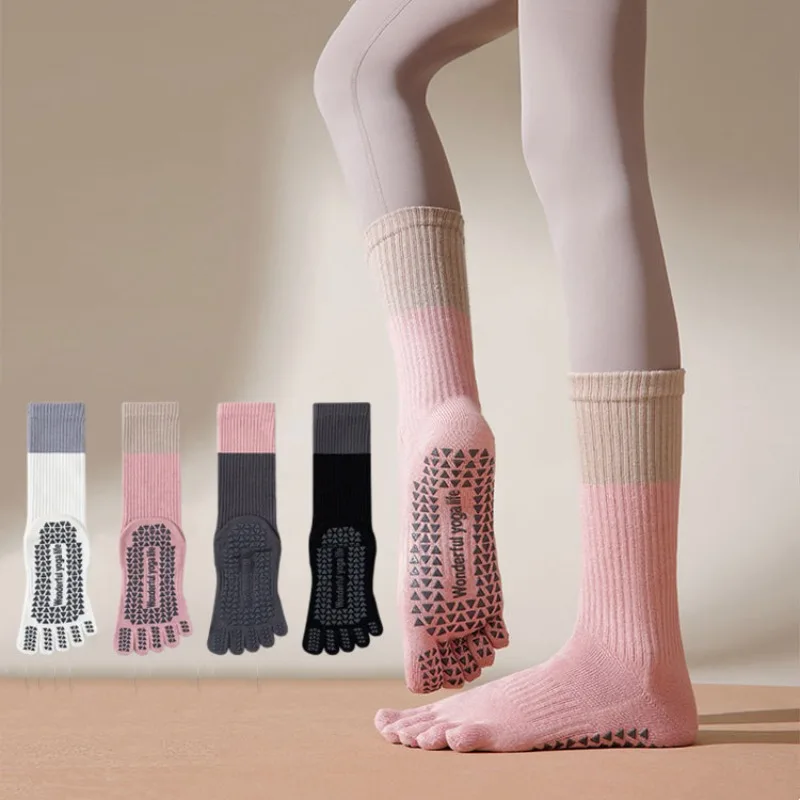 

Five Toes Yoga Socks Non-slip Professional Women Five-finger Pilates Socks Color Matching Gym Fitness Medium Tube Sports Socks