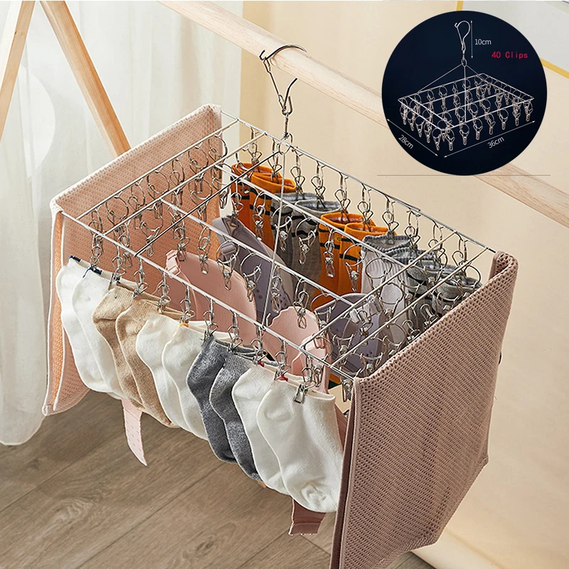 Sock Drying Rack With 40 Clips Stainless Steel  Sock Clothespin Sock Hanging Rack Swivel Wind-proof Laundry Hanger Bra Towel