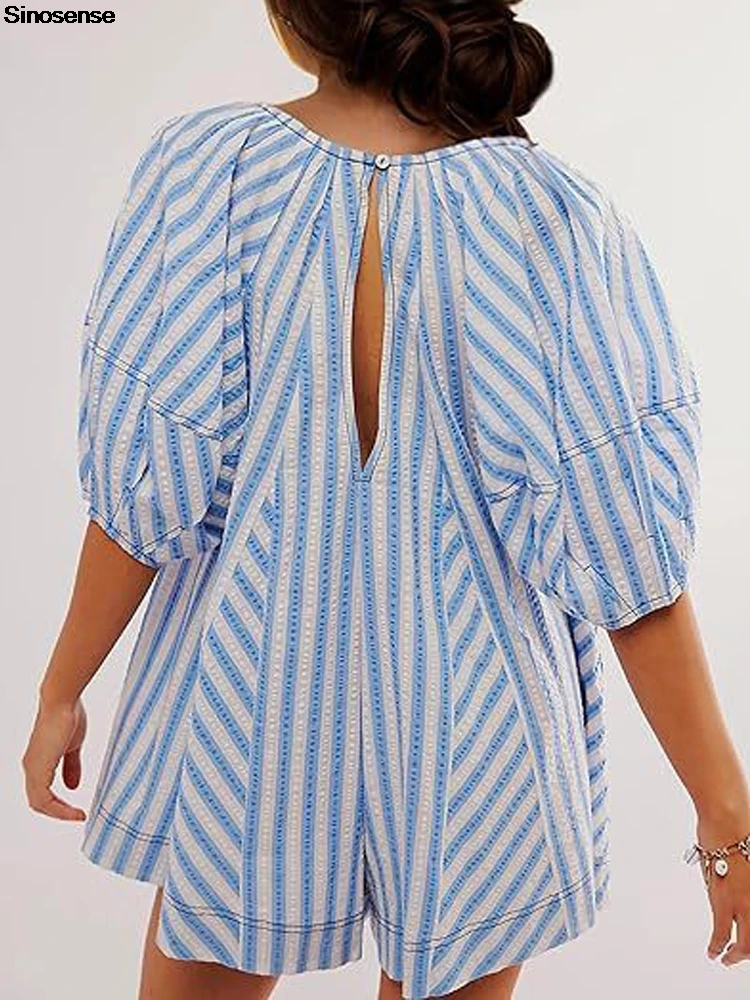 Summer Beach Rompers For Women Casual Loose Striped Puff Short Sleeve Adjustable Neck Wide Leg Oversized Jumpsuit With Pockets