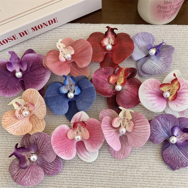 

3D Butterfly Orchid Pearl Hair Clips Fashion Bohemia Cloth Floral Pearl Hair Clip Duckbill Clip Bangs Side Clip