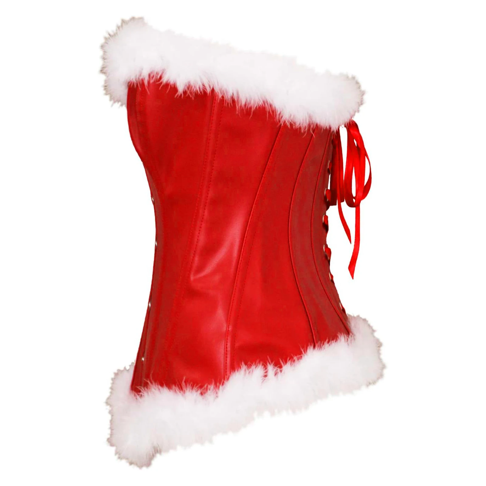 여성 크리스마스 미세스 클로스 의상 퍼지 트림 민소매 뷔스티에 코르셋 탑 코스프레 파티 무대용