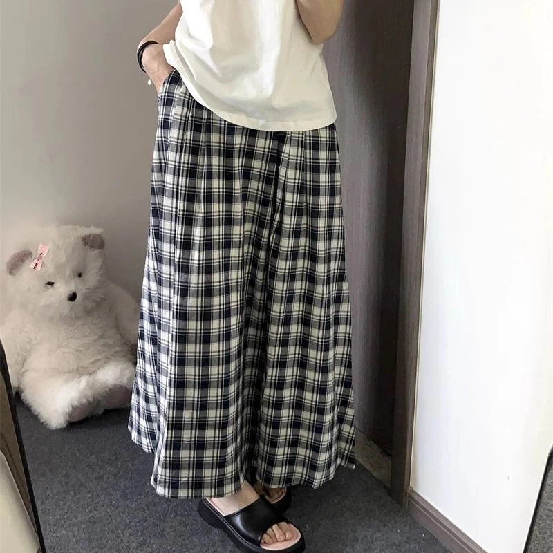 

Deeptown Plaid Long Skirt Women Vintage Ruffle Kawaii Midi Skirt Preppy Style Korean Fashion Loose Casual A-line Retro Skirts