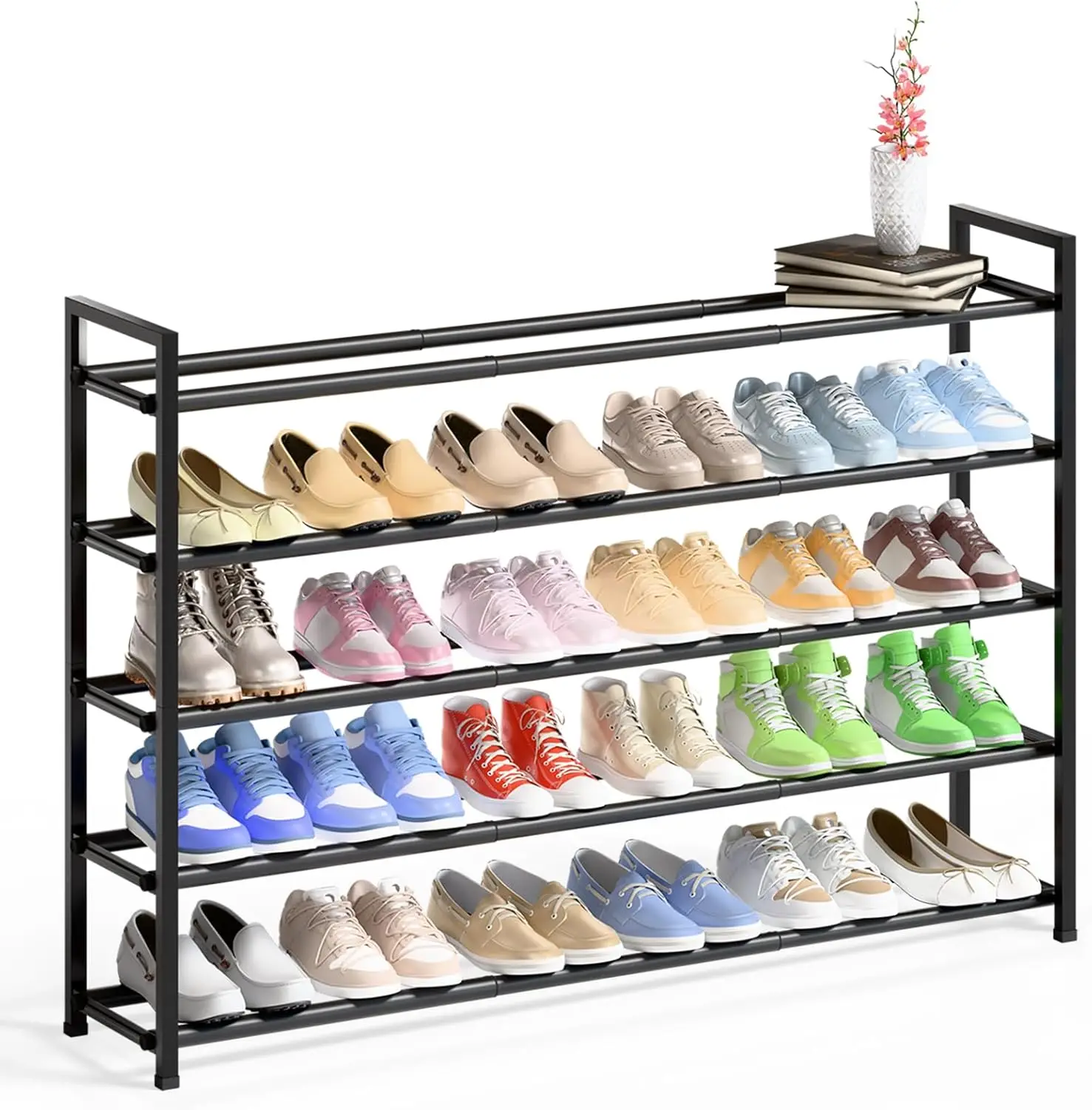 

5-Tier Expandable Shoe Rack, 18-44 inch Adjustable Storage for 25-30 Pairs, Sturdy Metal, Black