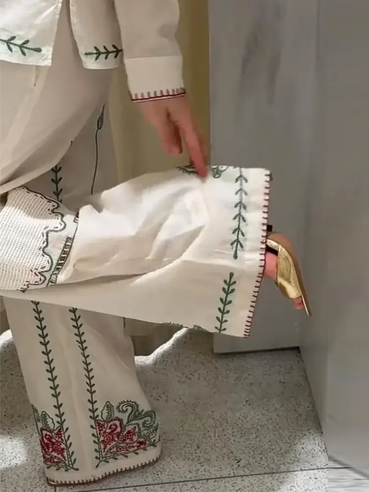 

Повседневная рубашка с вышивкой, комплект брюк, женский свободный однобортный топ с лацканами, прямые брюки с эластичной резинкой на талии, коллекция 2025, летние женские наряды