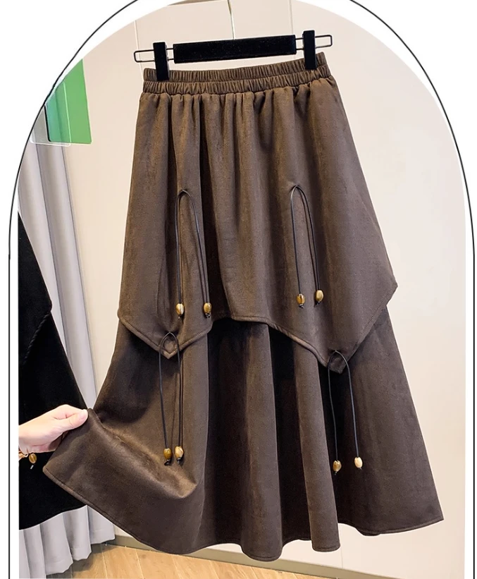 Large Size Women Autumn Chic Tassel High Waist Versatile Skirt Fashion Loose A-line Big Swing Irregular Age Reduction Skirts