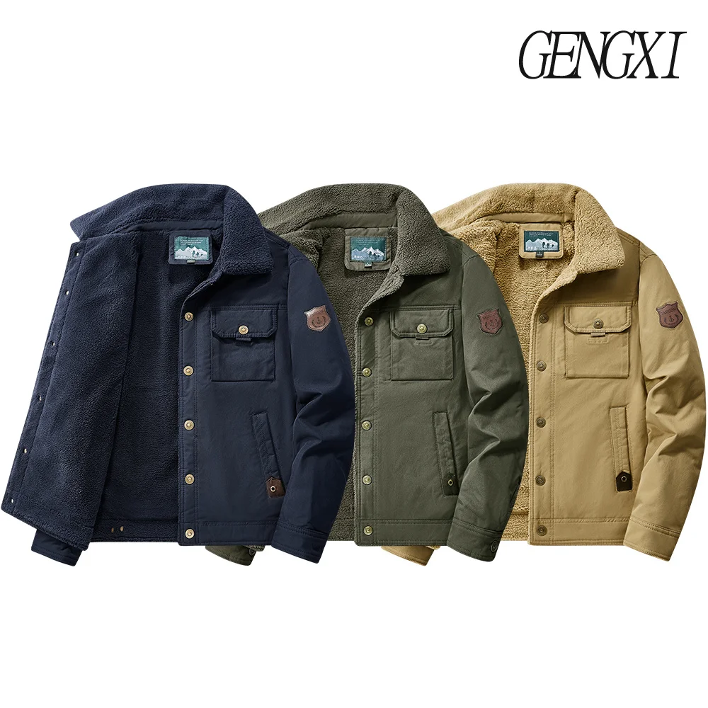 Kedatangan Baru Musim Gugur/Dingin: Jaket Kerja Bordir Huruf Multi-Saku Berlapis Fleece Tebal dengan Kerah Berkerah Tunggal