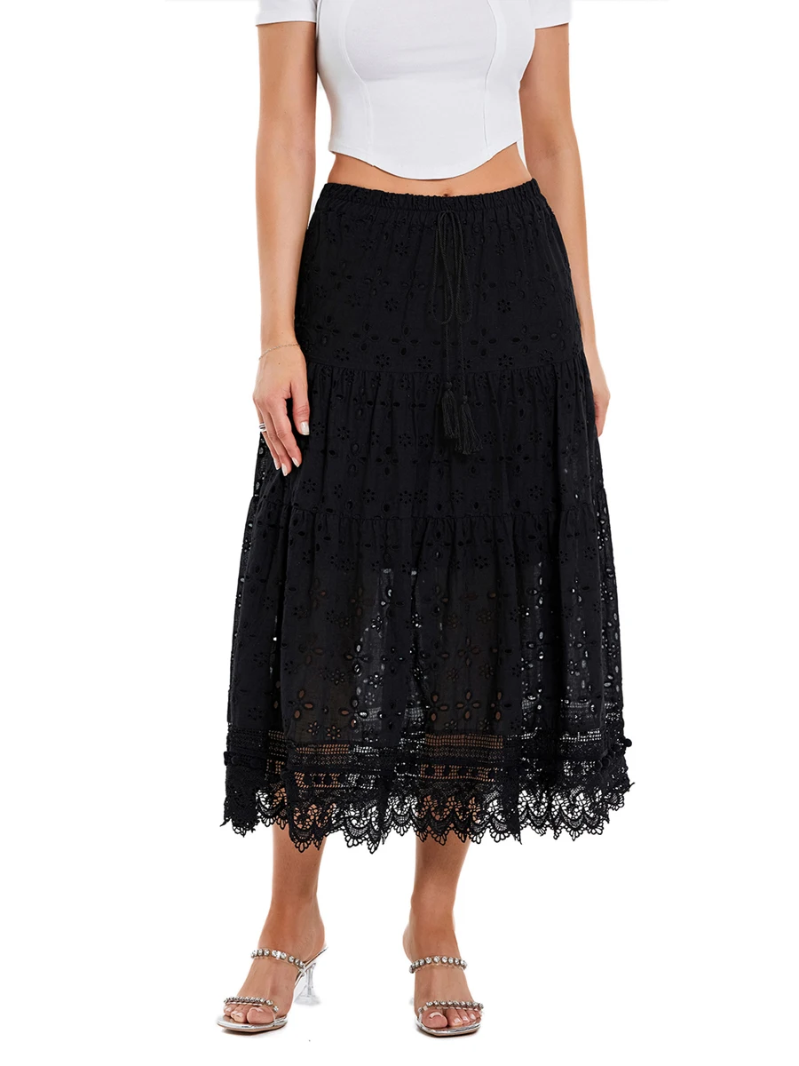 

Women Boho Ruffle Maxi Skirt Elastic Waist Hollow Out Eyelet Midi Skirt A-Line Flowy Skirt for Beach Holiday