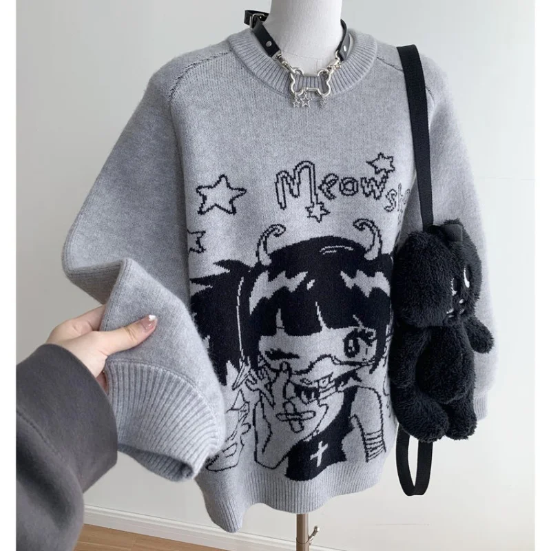 Sweet Cute Manga Face Graffiti Anime Girl Sweater Gray Loose Baggy Grunge Tops Harajuku Japanese Autumn Winter Pullover Jumper