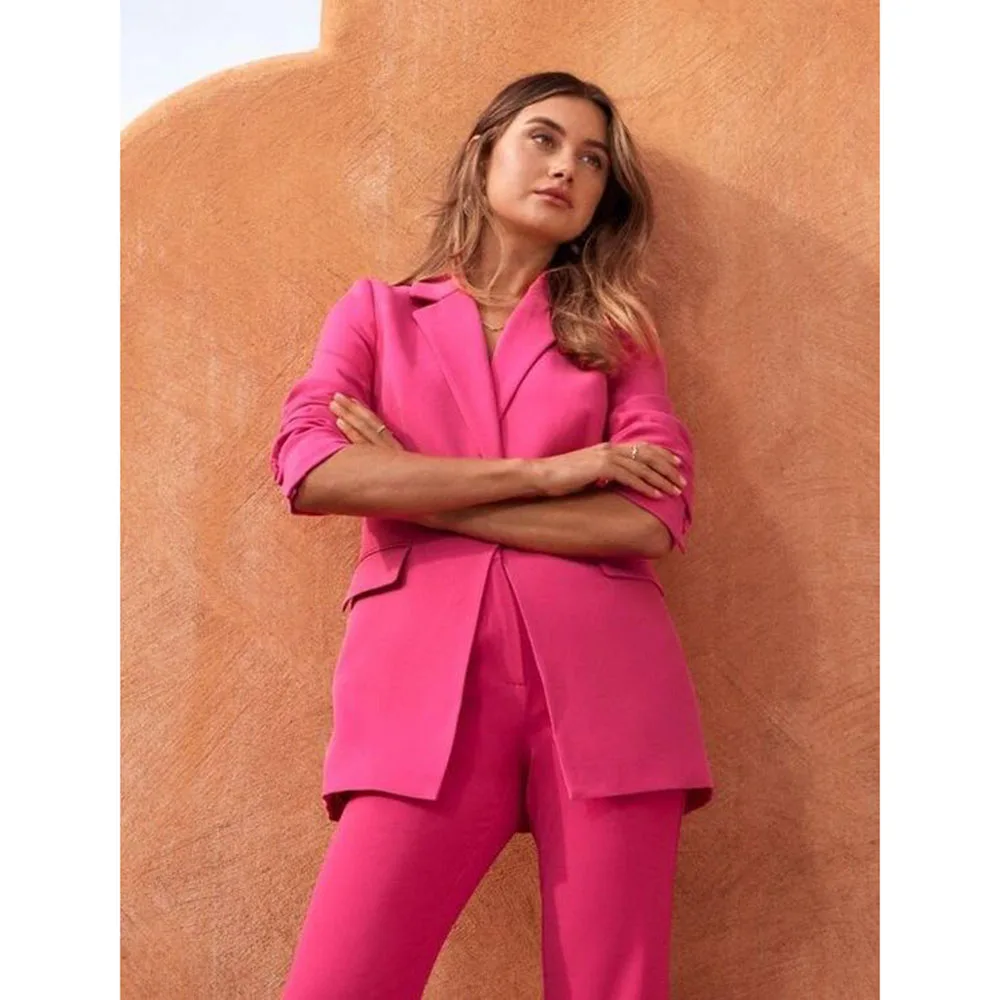 Smart Pink Suits for Women Single Button 2 Pieces Jacket Pants Female Clothing Slim Fit Office Banquet Slim Fit Blazers Sets