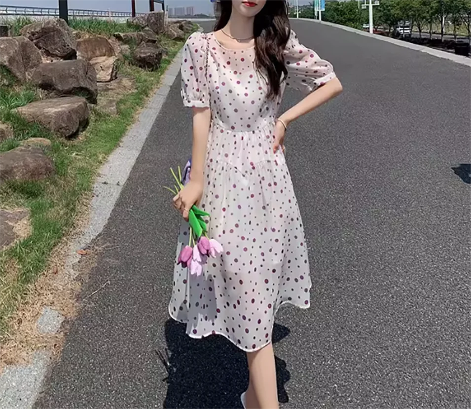 

Purple polka dot chiffon dress for women's summer 2024 new slimming temperament small stature French A-line skirt ML size