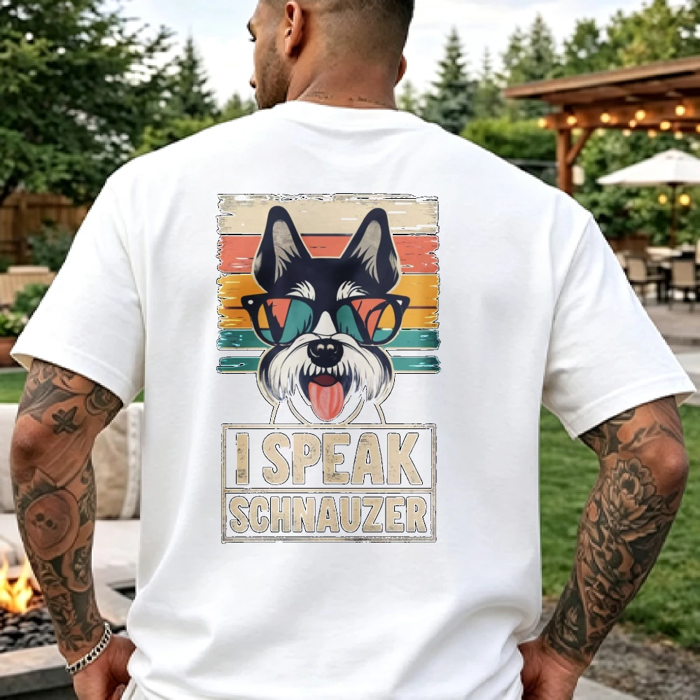 I Speak Schnauzer T-Shirt Retro Striped Schnauzer Back Print Graphic Cotton Shirt for Unisex Vintage Mini Schnauzer Pet Lovers