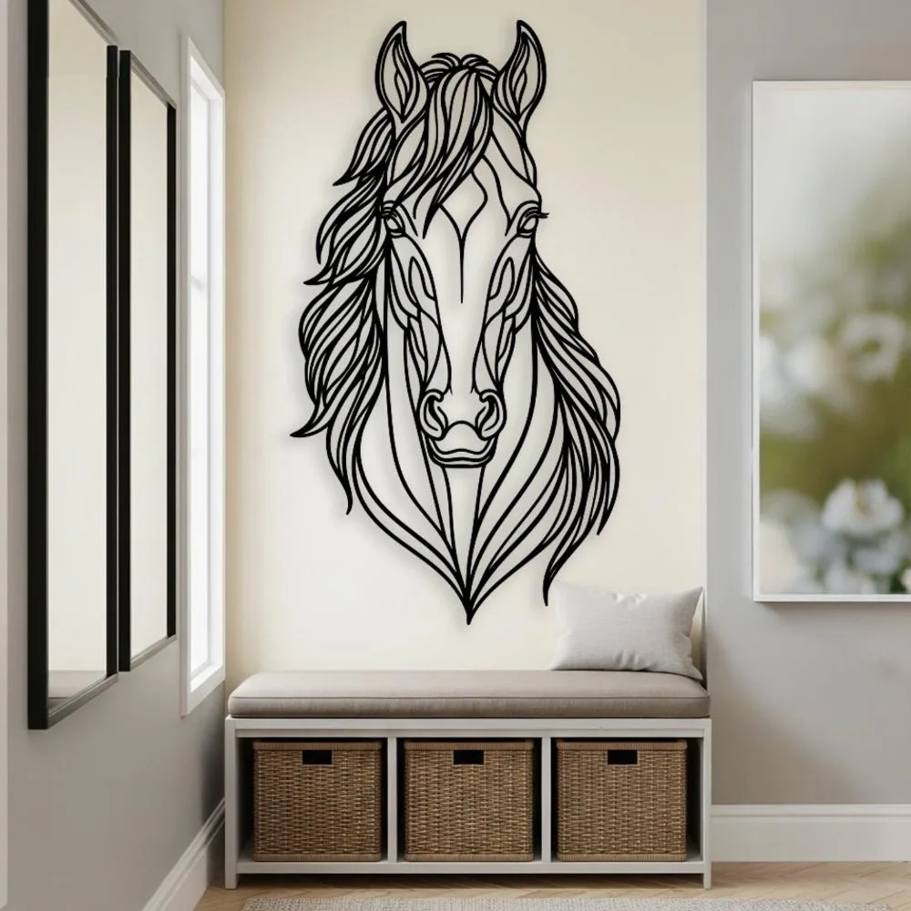 Vertical Horse Head Metal Wall Art, Large Abstract Stallion Line‑Art Silhouette Mural, Indoor