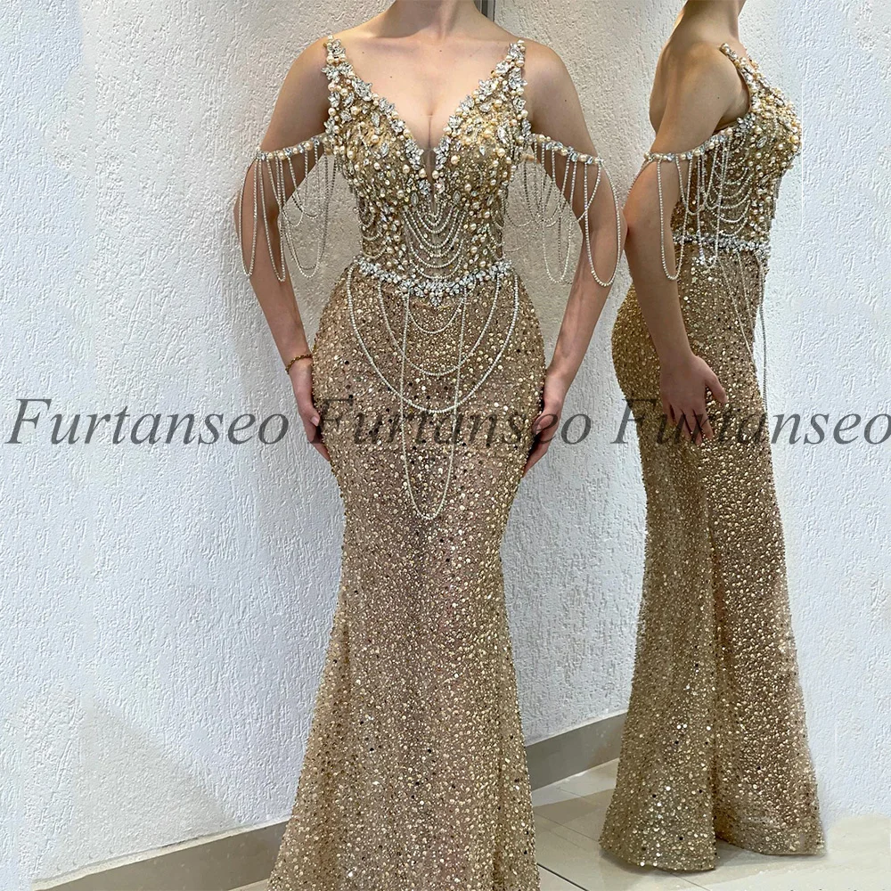 Luxury Gold Evening Dress Mermaid Prom Dresses Deep V Neck Crystals Rhinestones Sparkling Trumpet Pearls Party Gown for Pageant