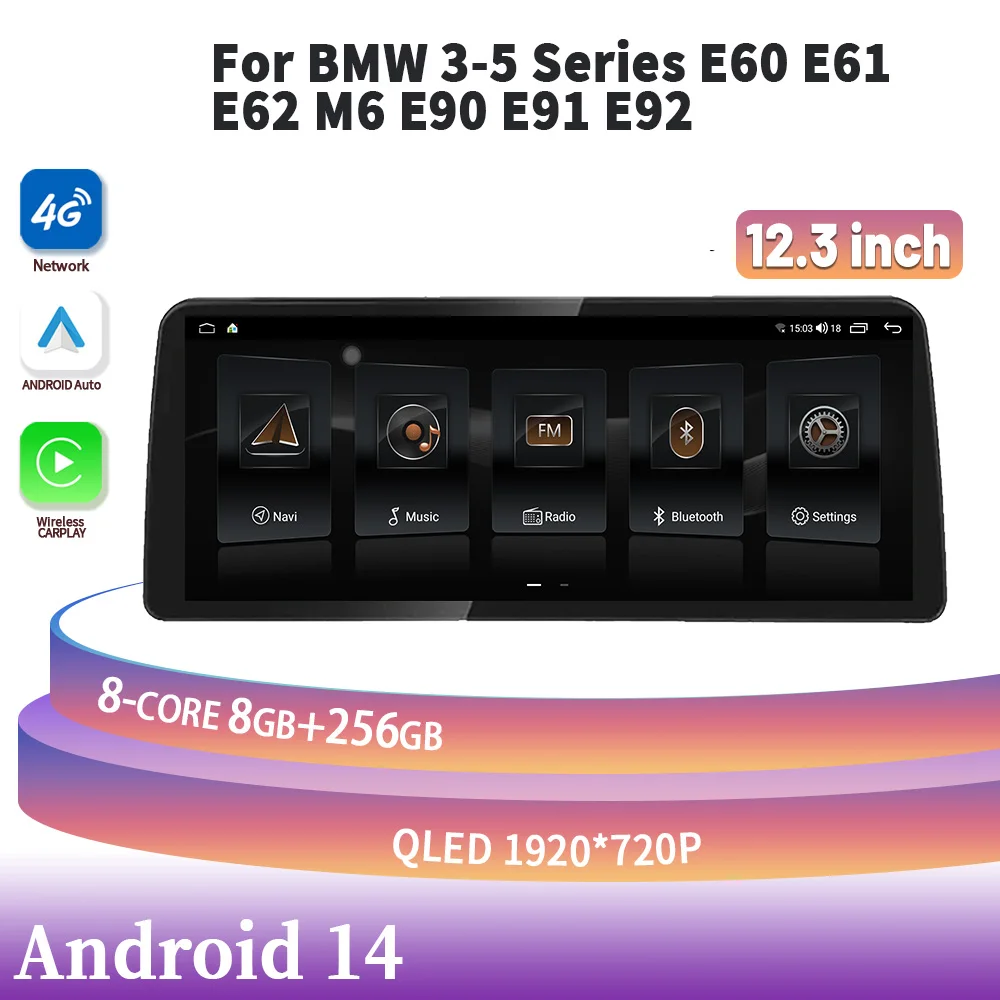 Car Multimedia Navigation 12.3‘’ Android 14 For BMW 3-5 Series E60 E61 E62 M6 E90  Head Unit WIFI Wireless Carplay Stereo Screen