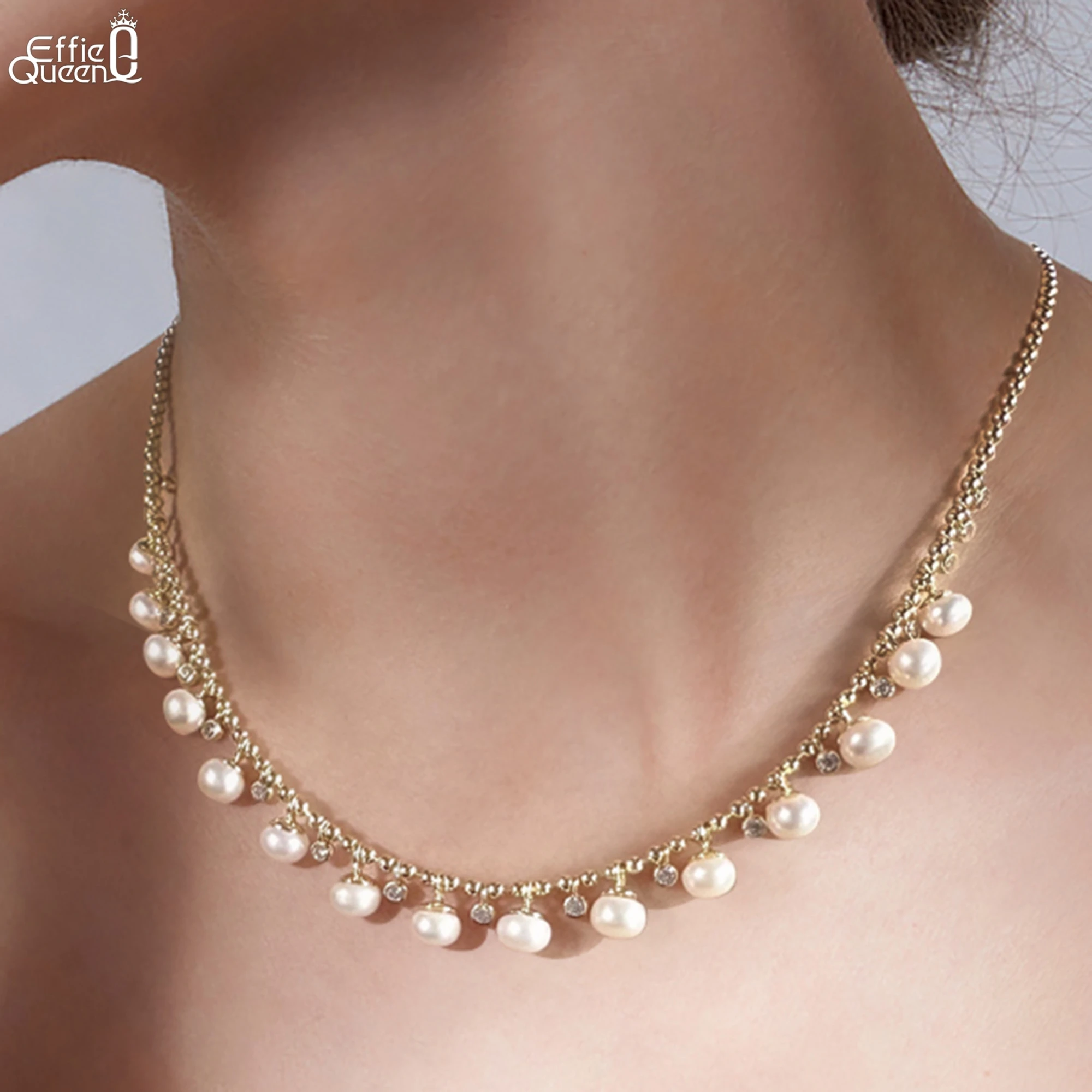 

EFFIE QUEEN Natural Freshwater Pearls Necklace 925 Sterling Silver White Cubic Zircon Choker Chain Wedding Jewelry Gift GPN37