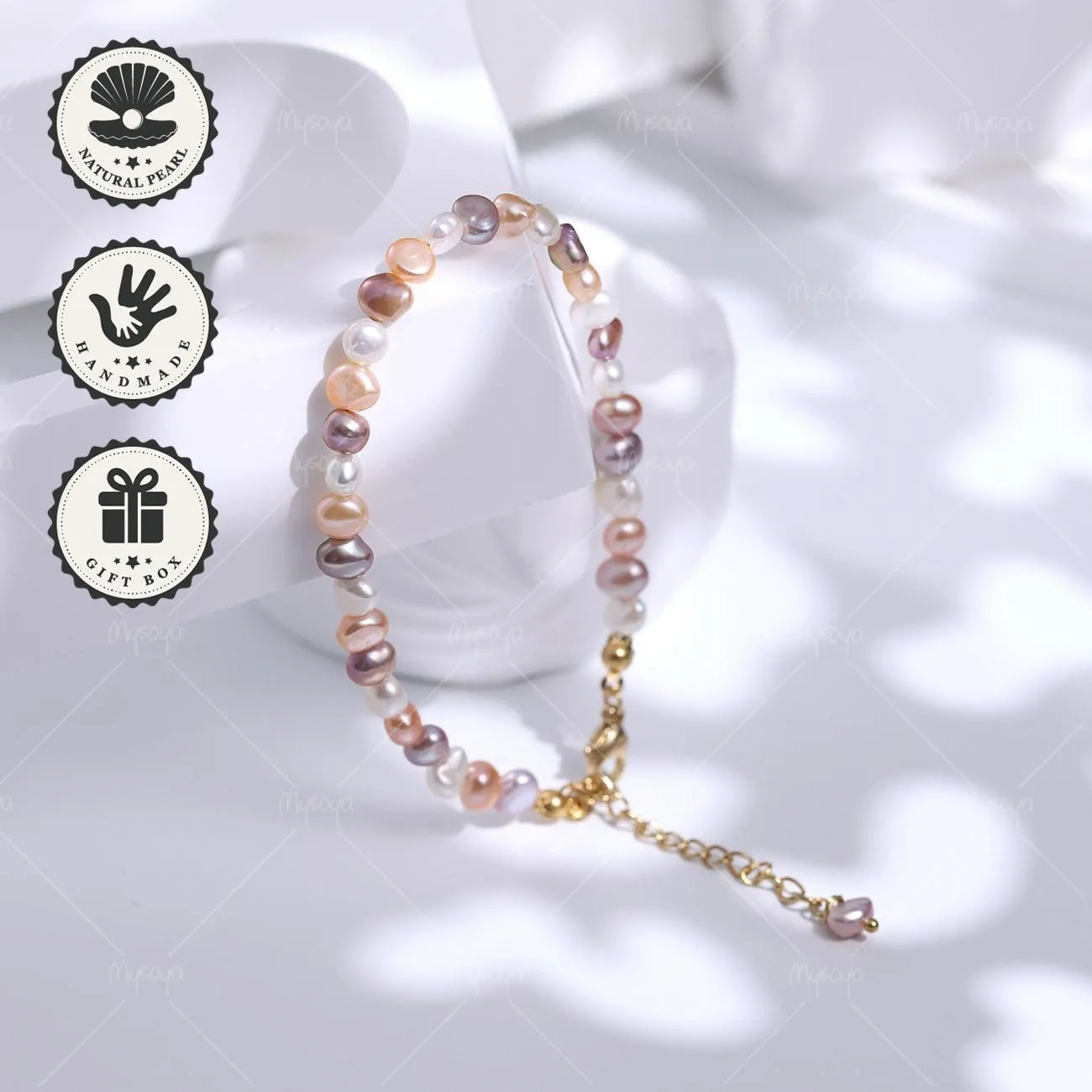 

Mysoya Pink Purple Candy Baroque Freshwater Pearl Bracelet 3–4mm Golden Extension Chain With Gift Box Valentine’s Day Birthday