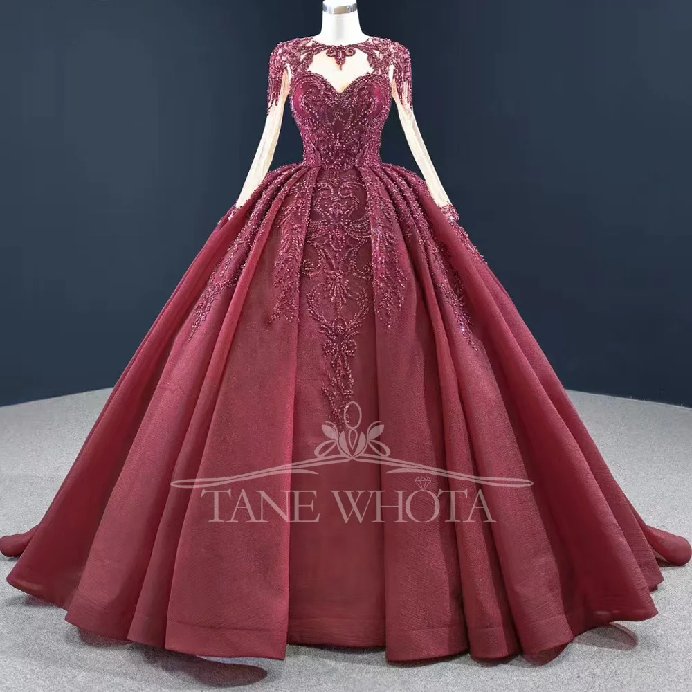 

Красное роскошное женское вечернее платье с круглым вырезом и длинными рукавами на шнуровке сзади, расшитое блестками и вышивкой, настраиваемый халат De Soirée 2025