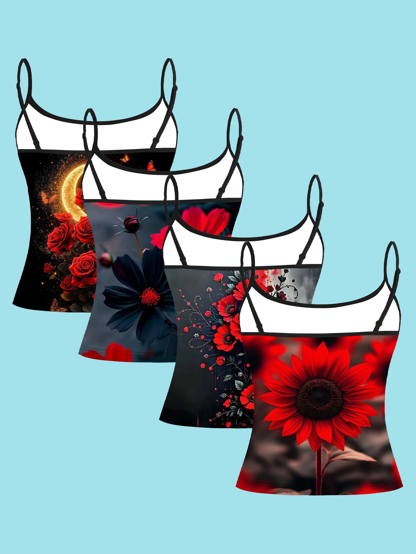 Women's 4-Piece Printed Camisole Set with Gold Waterdrop Black Gold Rose, Purple Metallic Thorn Rose, Silver White Glowing Heart Black Rose, Forest Flame Black Rose Patterns, Slim-Fit Sleeveless Outerwear Base Layer Tops