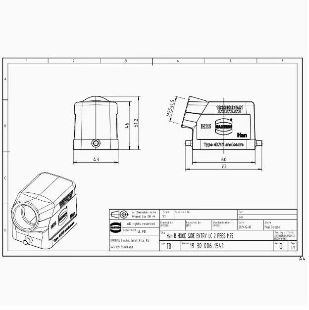 1pcs 19300061541 HARTING HAN 6B upper shell single latch side cable outlet M25 HAN-HSE-M25