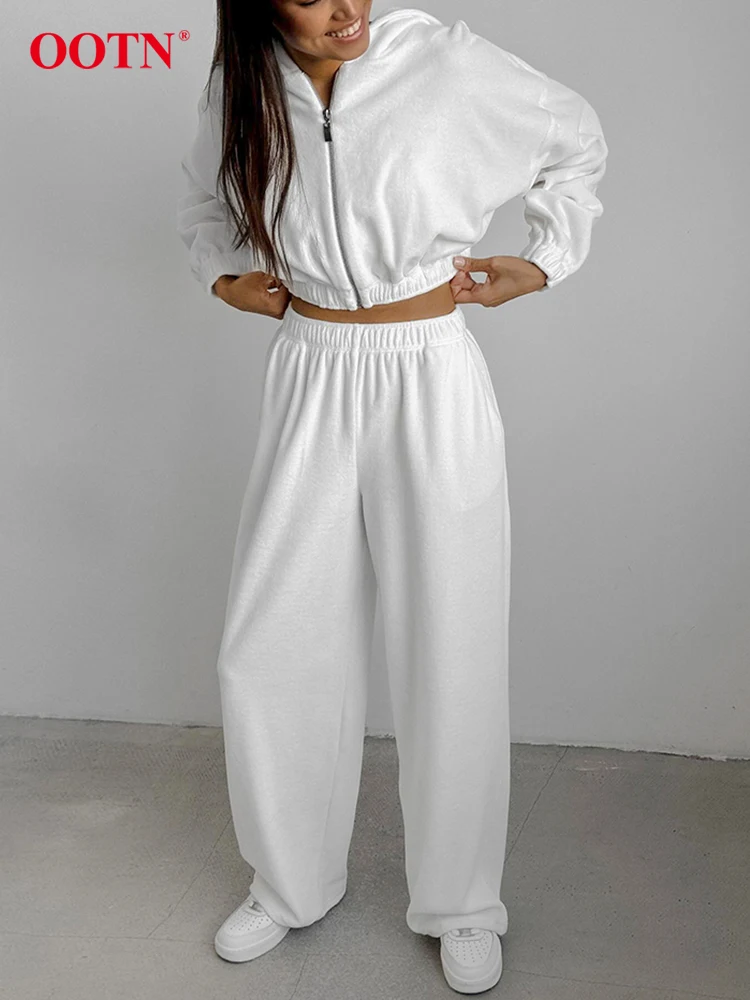 

Модные белые свободные трикотажные брюки OOTN для женщин, комплекты из 2 предметов, уличная одежда, толстовки на молнии с длинным рукавом, осенние брюки с широкими штанинами, костюмы
