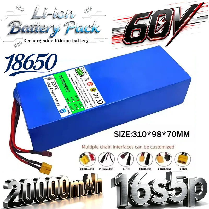 500W 700W 1000W Motor Battery - 16S5P 60V 20AH Lithium for Motorcycle Scooter Bike Belt BMS