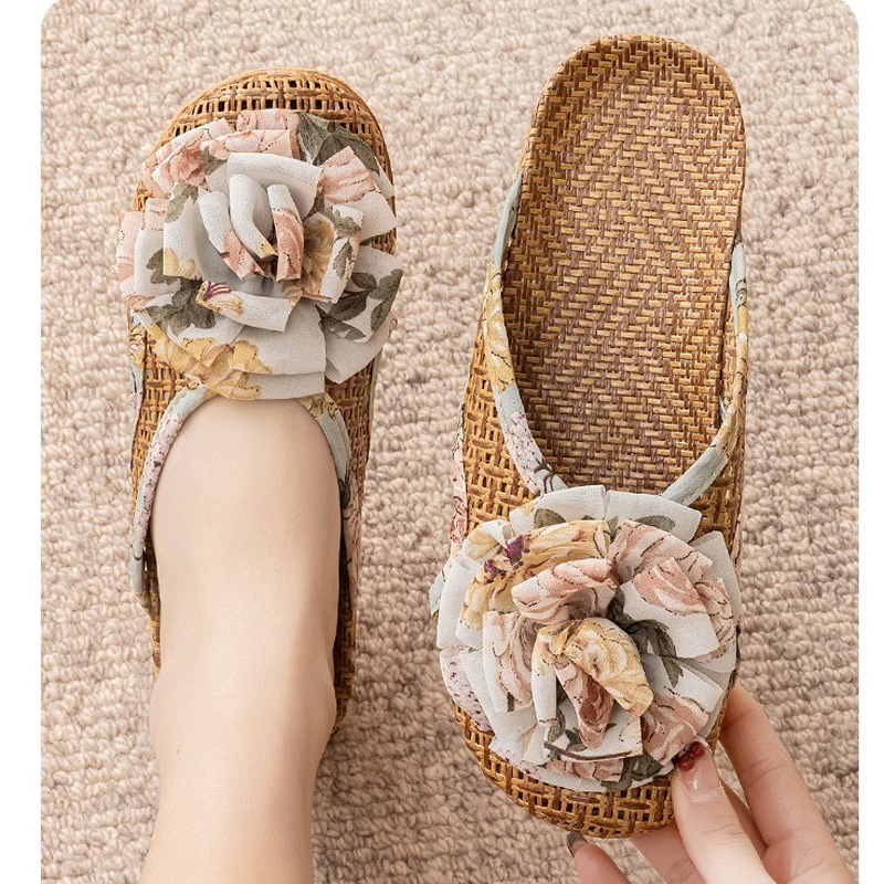 

Rattan House Slipper Women Soft Spring Autumn Flip Flops Indoor Home Non Slip Sandals Rattan Straw Shoe Flat Living Room Ladies
