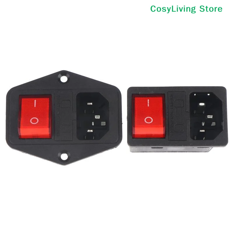 [CL]IEC320 C14 AC Socket 3 Pin Red LED 250V Rocker Switch 10A Fuse Female Male Inlet Plug Connector Embedded Socket Mount[CL]