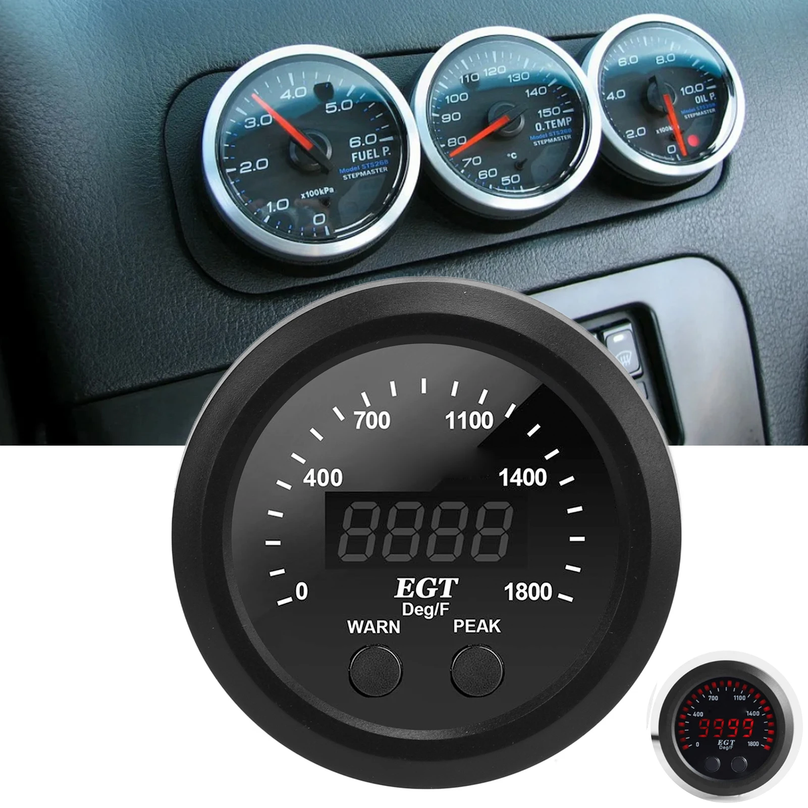 Car Exhaust Gas Temperature Gauge 2‑1/16in 52mm Ultra Thin 0‑1800℉ Red LED with Sensor EGT Gauge EGT Display